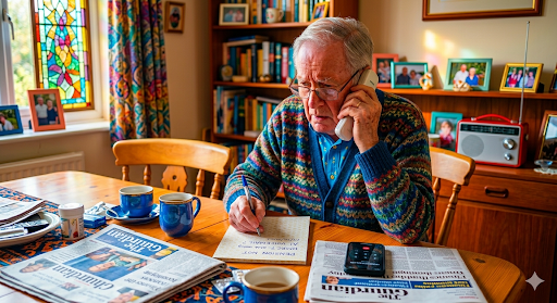 An older gentlemen looking concerned while taking a phone call at home, worried she may be the target of AI scams UK pensioners