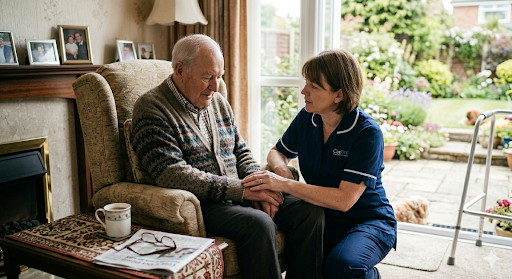 Attendance Allowance: An elderly gentleman being comforted by a care helperin his home.