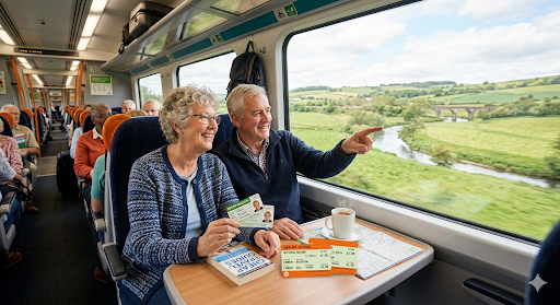 Older couple enjoying cheap train travel for over 60s on a UK rail journey