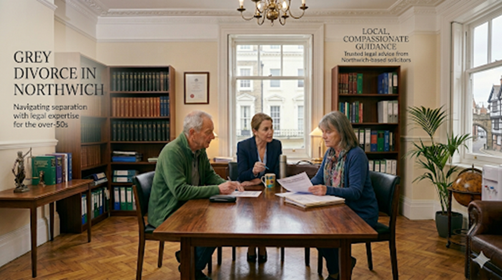 Divorce after 50 in the UK — two older adults sitting discussing their divorce with a Solicitor.