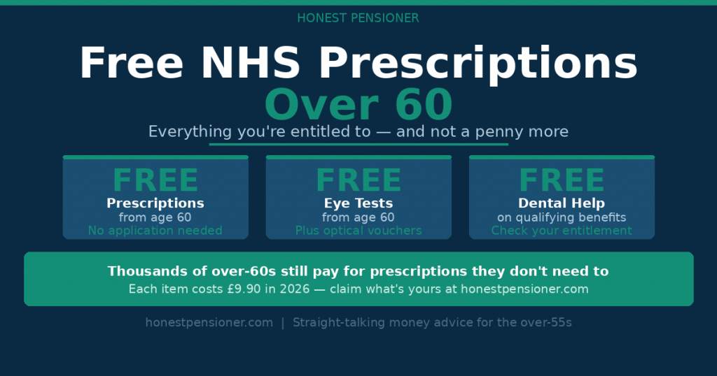 Free NHS prescriptions over 60 — who qualifies, how to claim, and the other NHS freebies most pensioners never claim. Don't pay a penny more than you have to.