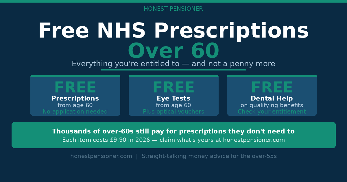Free NHS prescriptions over 60 — who qualifies, how to claim, and the other NHS freebies most pensioners never claim. Don't pay a penny more than you have to.