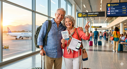 Travel insurance over 55s - couple at airport with luggage