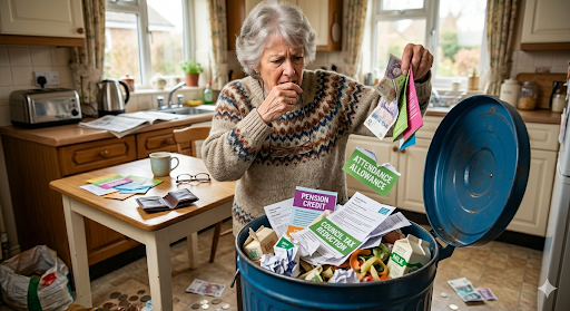 Older woman throwing away unclaimed benefits for pensioners including pension credit and attendance allowance