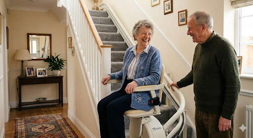 A used Stairlift installed and being used by an older couple