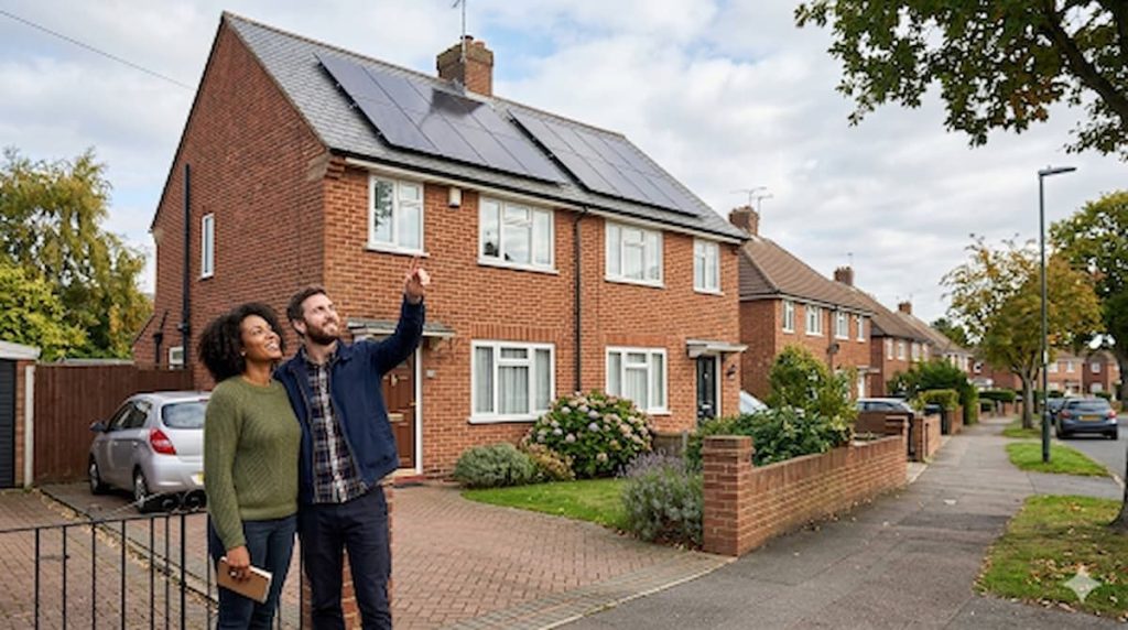 Older man pointing at solar panels on his council estate home in the UK