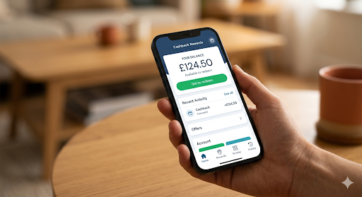 cashback sites uk — cashback rewards balance on smartphone