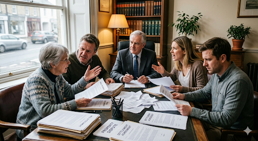 family discussing life interest trust problems with a solicitor