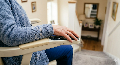 Hand on stairlift control panel after buying a stairlift