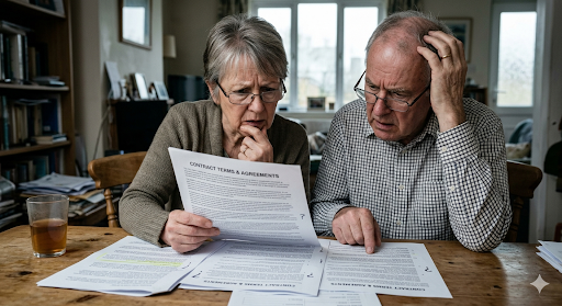 older couple reading small print when buying a park home contract