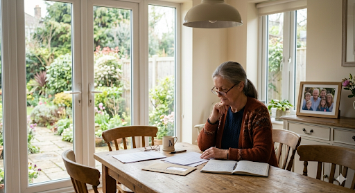 Older woman reviewing documents alone at kitchen table with family photo on sideboard — concerned about protecting children's inheritance after remarrying