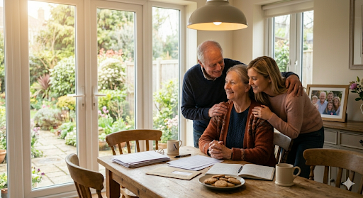 Family gathered around mother at kitchen table — children's inheritance when remarrying protected with proper legal planning UK