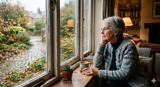elderly woman looking out of window worried about life interest trust problems