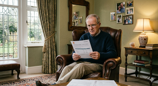 Retired man reading pension statement alone at home — concerned about ex wife pension rights after divorce