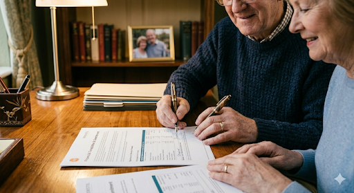 Couple signing ex wife pension nomination update documents together at home — taking action after divorce UK
