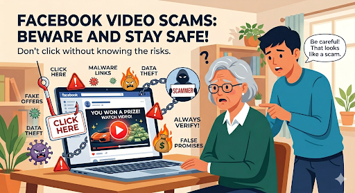 Facebook video scams infographic showing warning signs including fake offers, malware links, data theft and false promises