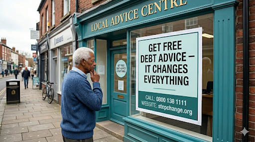 Cant pay my credit card — older man outside local advice centre considering free debt help