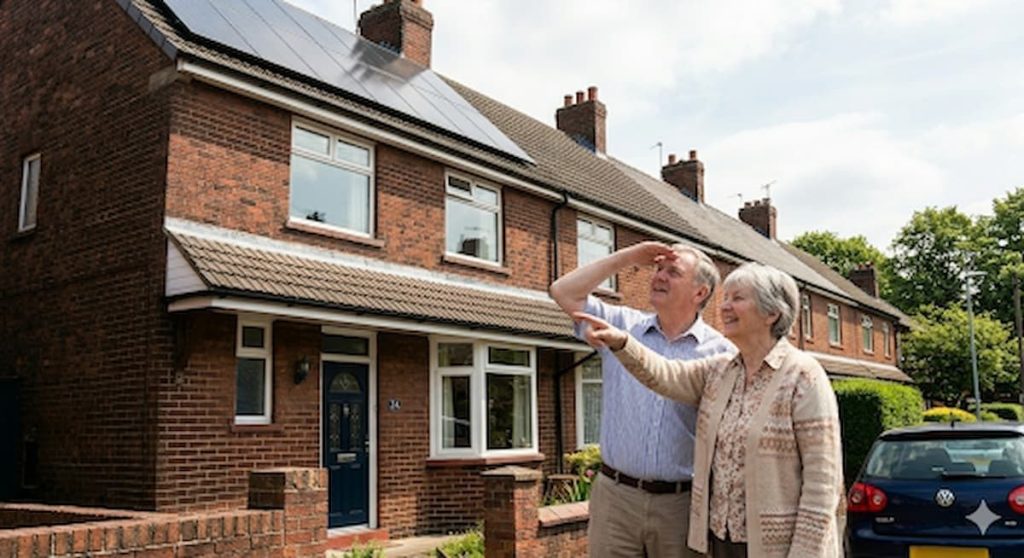 pensioner solar grants — retired couple outside UK terraced home with newly installed solar panels