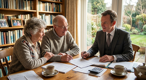 Elderly couple at kitchen table with male solicitor discussing how to protect my home from care home fees