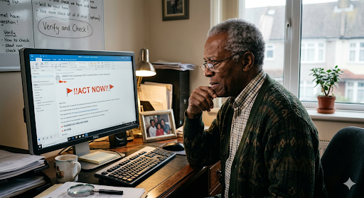 How to spot an investment scam: Older man looking concerned at an email on his laptop, wondering how to spot an investment scam