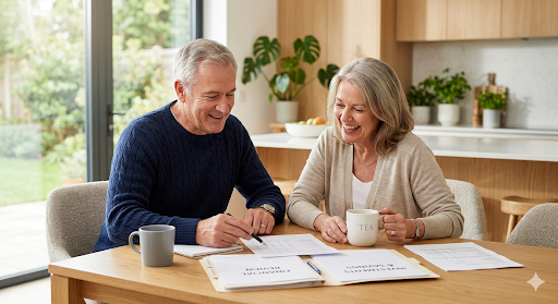 Couple reviewing life insurance over 55 options at home