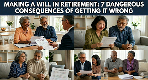 Elderly couples sitting at kitchen table reviewing documents with a solicitor, discussing making a will in retirement