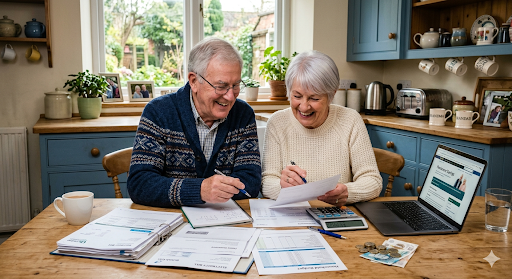 Older couple reviewing household bills and budgeting at kitchen table — money saving tips for pensioners