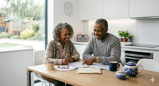 New wife inheritance rights UK: Retired couple reviewing will documents together at home after remarriage