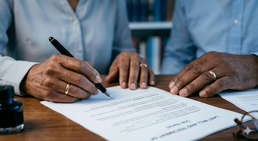 New wife inheritance rights UK — couple with wedding rings signing a Last Will and Testament after remarriage
