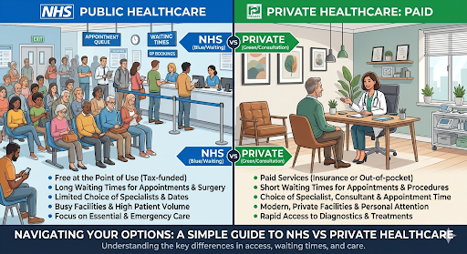 NHS waiting room compared to private health consultation for over 60s private health insurance