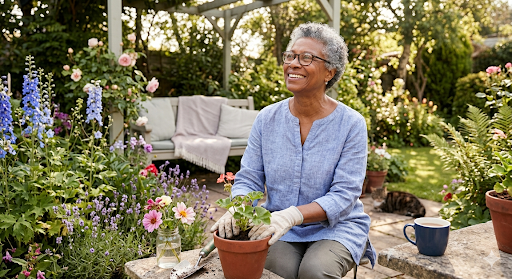 A smiling retired woman gardening in her back garden, representing the enjoyment of retirement once you understand your pension tax obligations in the UK.