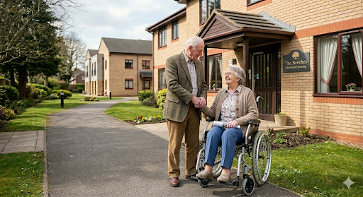 Elderly couple outside The Beeches sheltered housing, comparing sheltered housing vs care home costs