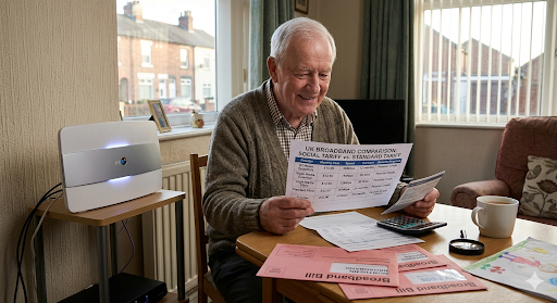 Social tariff broadband comparison — UK pensioner reviewing broadband bills beside a Wi-Fi router