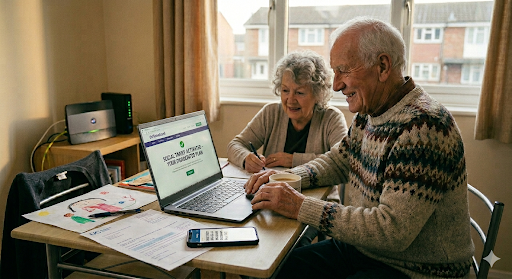 Older couple reviewing their broadband options on a laptop at home — social tariff broadband deals for UK pensioners