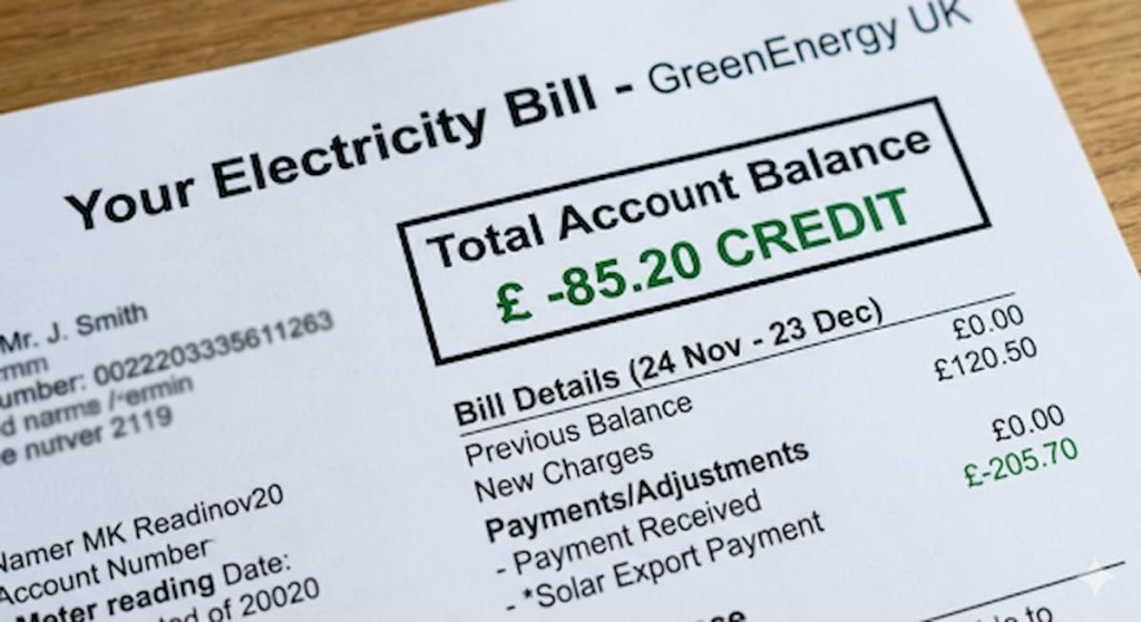 Electricity bill showing a credit balance from solar export payments under the Smart Export Guarantee