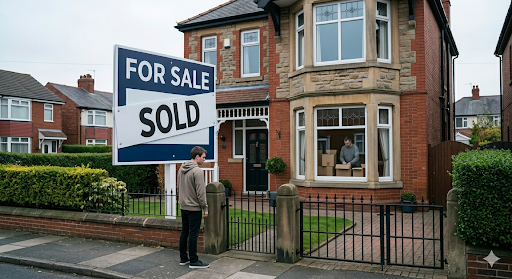 son in debt - family hoe sold with for sale board while father packs boxes inside the house