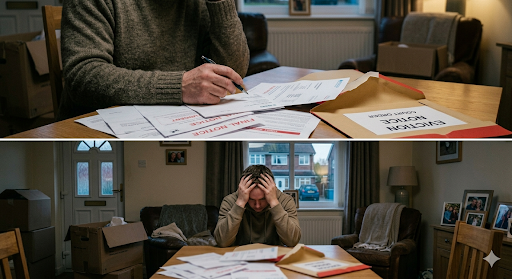 son in debt - father reviewing debt paperwork while son sits overwhelmed