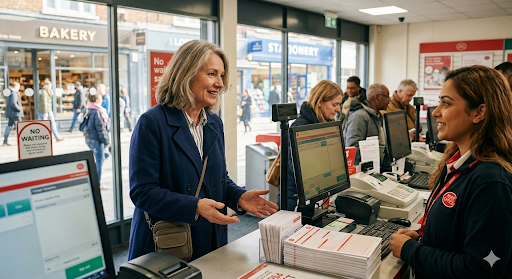Woman at Post Office counter making voluntary National Insurance contributions for state pension