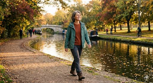 Woman in her mid-50s walking along a canal towpath planning her state pension catch up