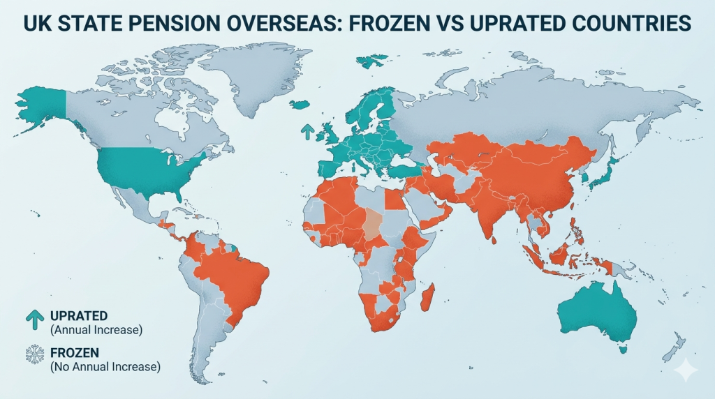 UK state pension overseas frozen vs uprated countries world map