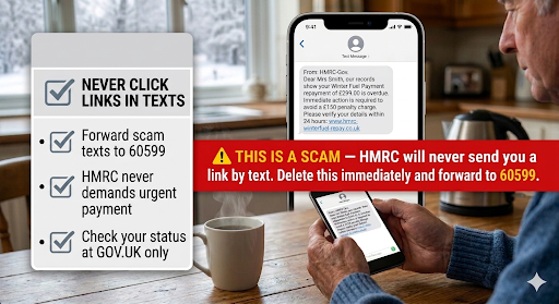 Close-up of a fake HMRC-style letter with urgent payment demands — typical of winter fuel payment scams targeting pensioners