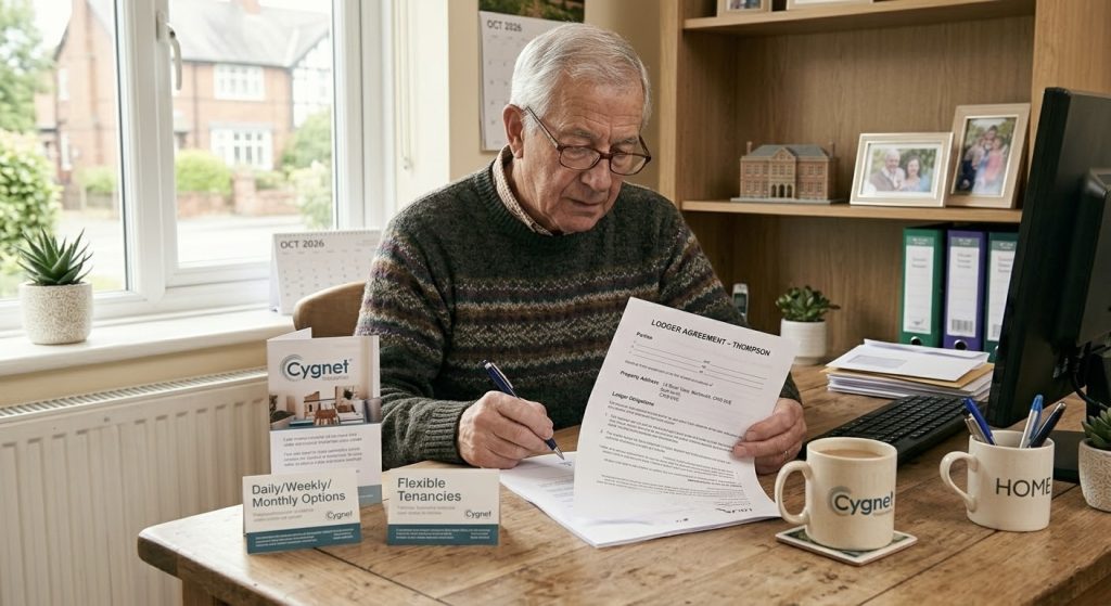 Elderly man reviewing rental documents.