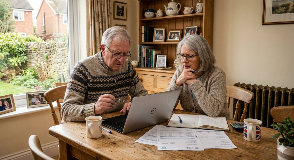 care home fees elderly couple researching options at home