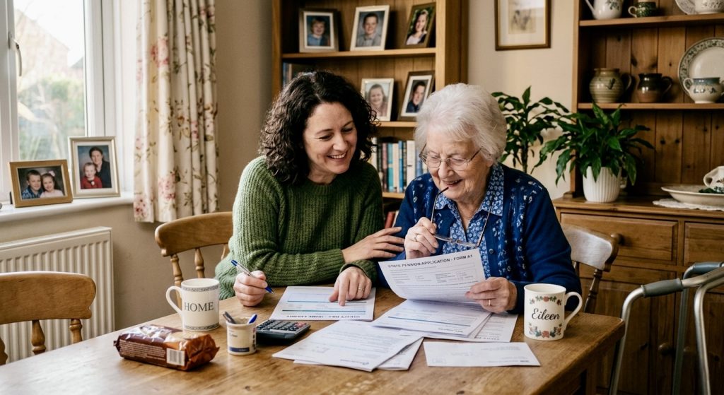 care home fees family reviewing documents at home