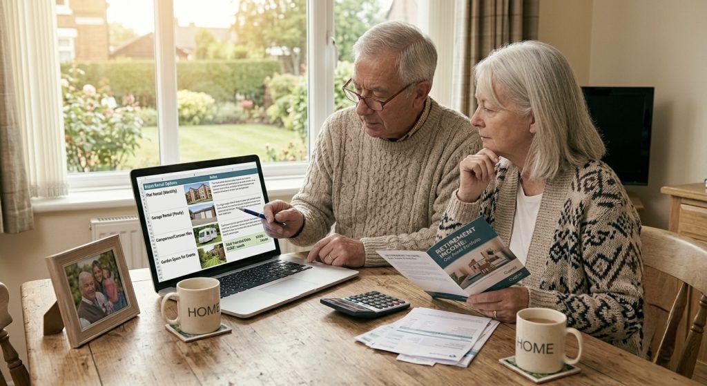extra income in retirement — retired couple reviewing asset rental options at home