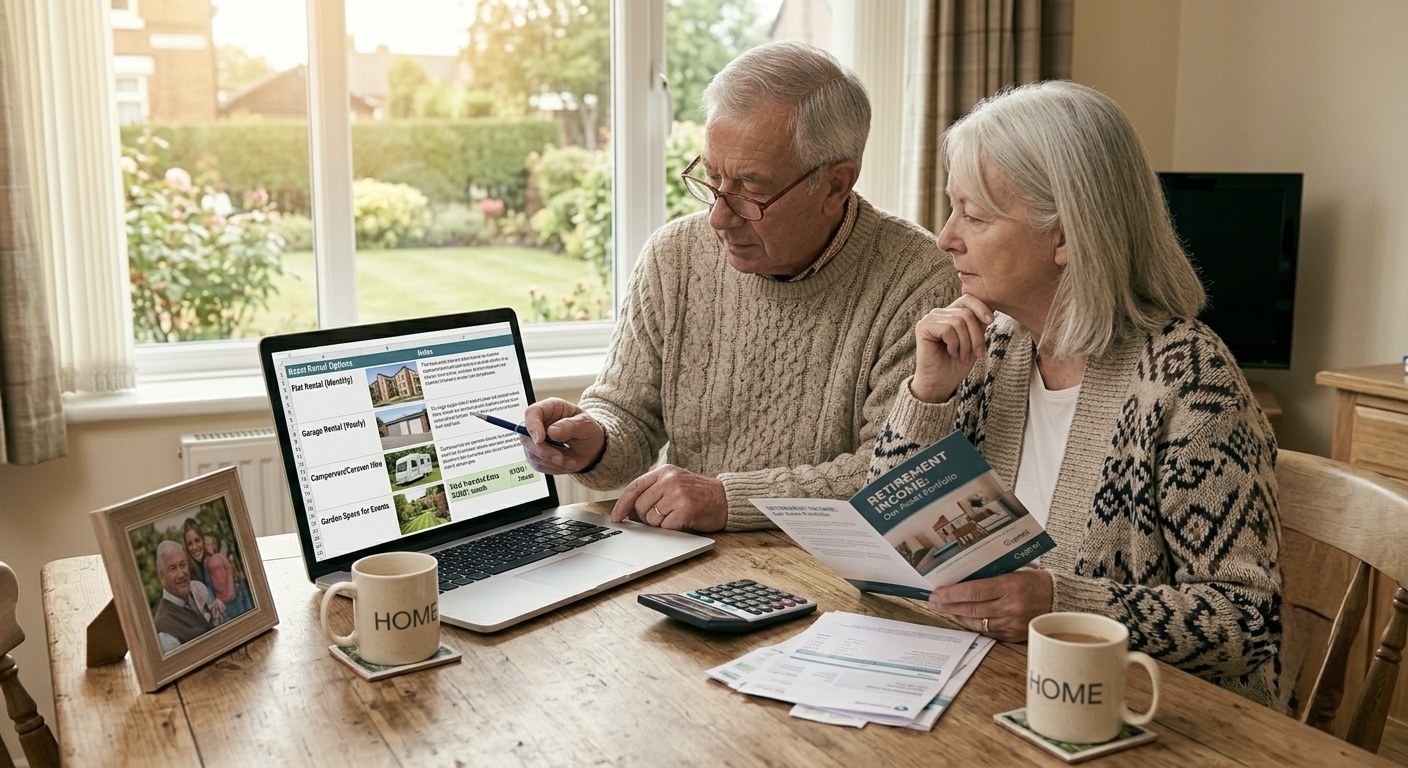 extra income in retirement — retired couple reviewing asset rental options at home