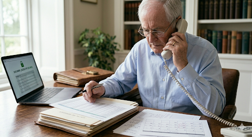 Older man on the phone reporting identity fraud with documents and paperwork spread across his desk
