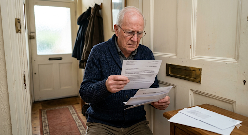 Older man reading identity fraud letters in his hallway looking concerned