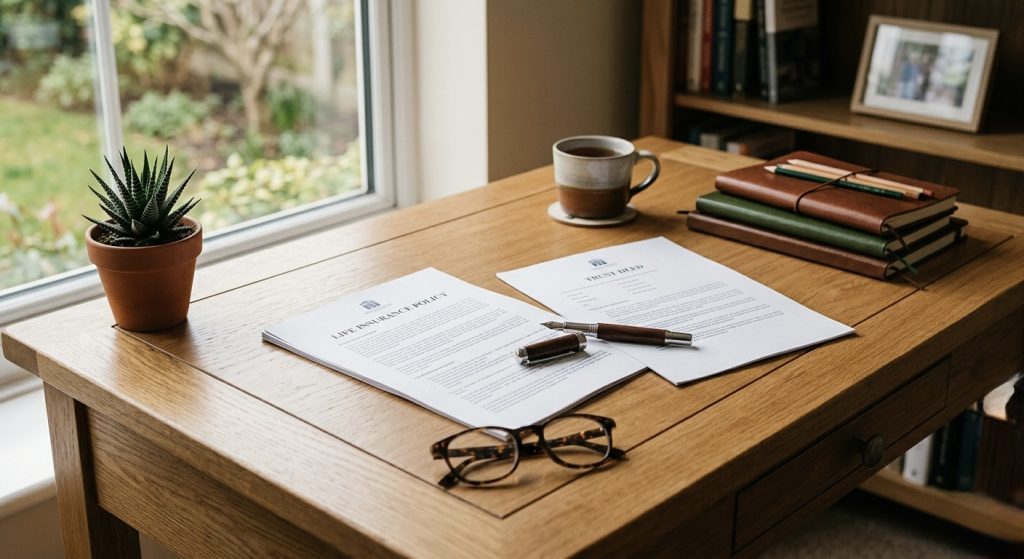 life insurance in trust documents on a desk with a pen and policy paperwork