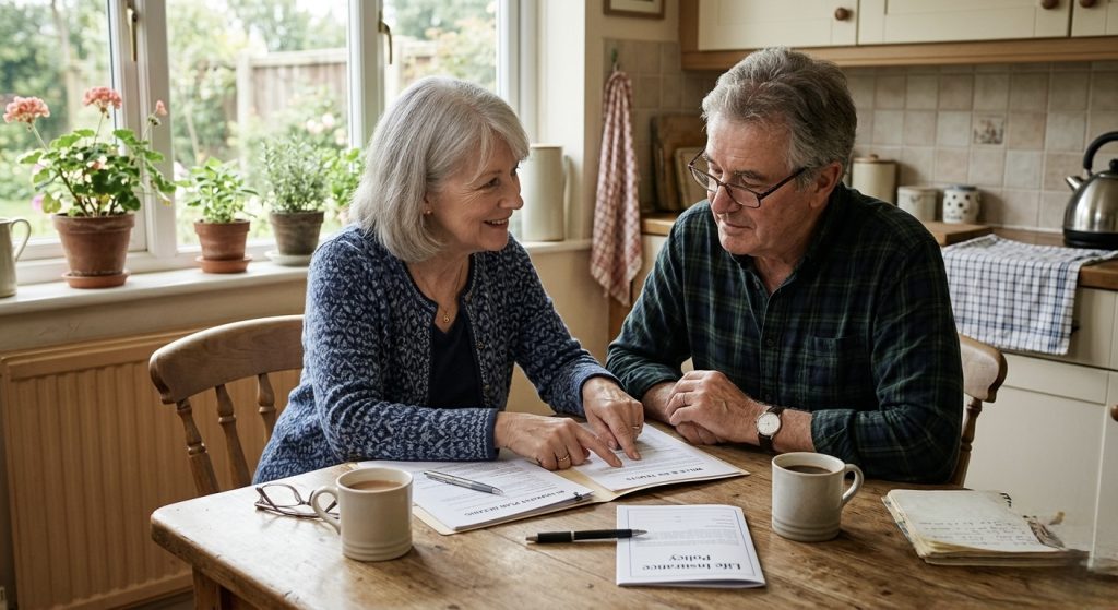 Older couple reviewing life insurance in trust paperwork at home